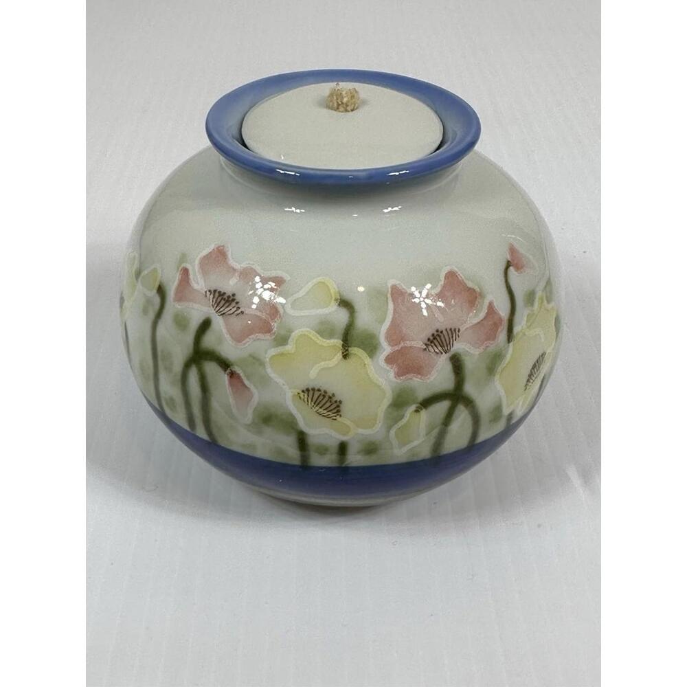 Vintage OTAGIRI Oil Lamp Candle Vase Stoneware‎ Flowers Blue Gary Japan